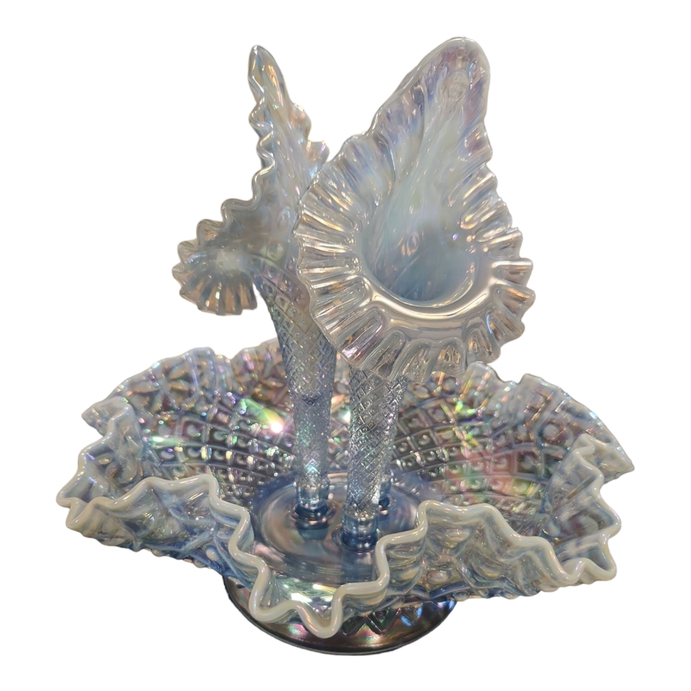 Vtg Fenton Opalescent Hobnail Diamond‎ Lace 3 Horn Bowl
